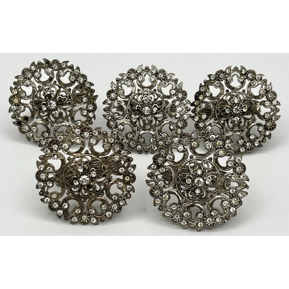 5 Napkin Rings Silver Filigree w/ Clear Crystal Art Deco Look *Missing Stones*